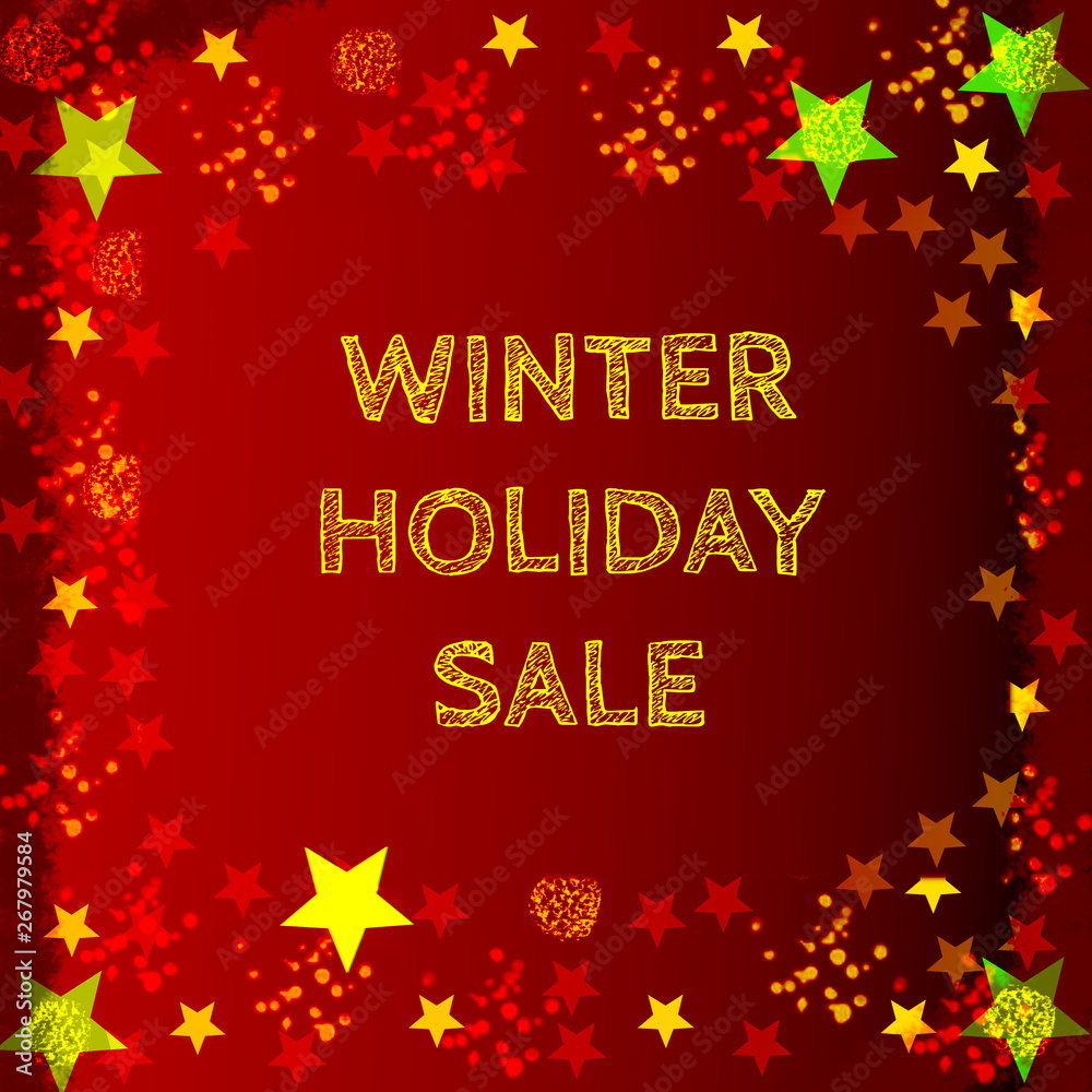 Winter holiday sale text on red background with stars.