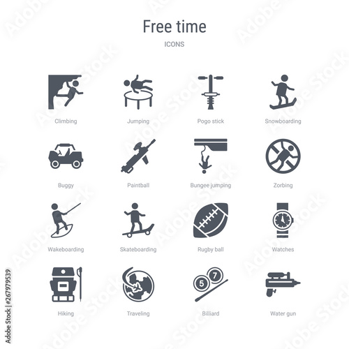 set of 16 vector icons such as water gun, billiard, traveling, hiking, watches, rugby ball, skateboarding, wakeboarding from free time concept. can be used for web, logo, ui\u002fux