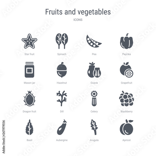 set of 16 vector icons such as apricot, arugula, aubergine, basil, blackberry, celery, dill, dragon fruit from fruits and vegetables concept. can be used for web, logo, ui\u002fux