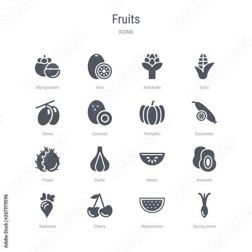 set of 16 vector icons such as spring onion, watermelon, cherry, radishes, avocado, melon, garlic, pitaya from fruits concept. can be used for web, logo, ui\u002fux