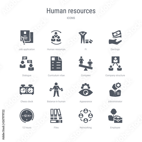 set of 16 vector icons such as employee, networking, files, 12 hours, administrator, appearance, balance in human resources, chess clock from human resources concept. can be used for web, logo,