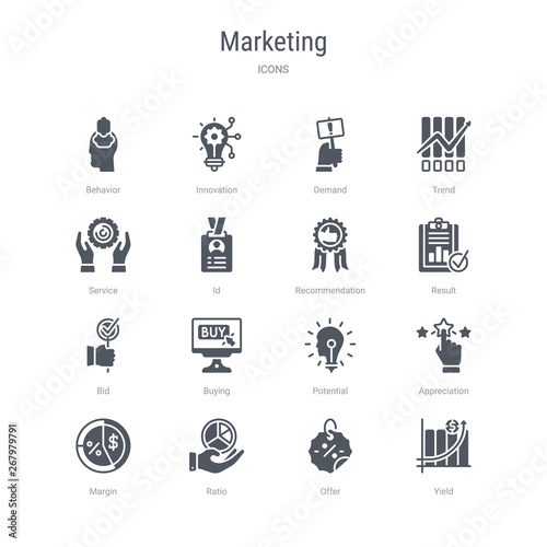 set of 16 vector icons such as yield, offer, ratio, margin, appreciation, potential, buying, bid from marketing concept. can be used for web, logo, ui\u002fux