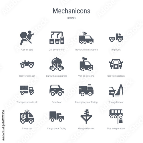set of 16 vector icons such as bus in reparation, garage elevator, cargo truck facing left, cross car, triangular tent, emergency car facing right, small car, transportation truck from mechanicons