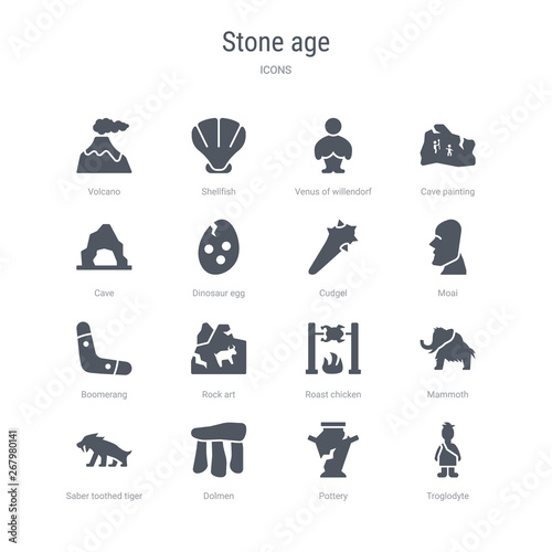 set of 16 vector icons such as troglodyte, pottery, dolmen, saber toothed tiger, mammoth, roast chicken, rock art, boomerang from stone age concept. can be used for web, logo, ui\u002fux