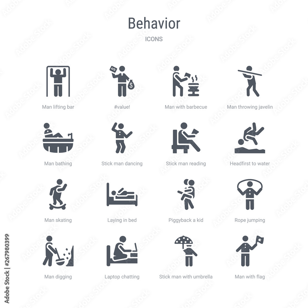 set of 16 vector icons such as man with flag, stick man with umbrella, laptop chatting on bed, man digging, rope jumping, piggyback a kid, laying in bed, skating from behavior concept. can be used set of 16 vector icons such as man with flag, stick man with umbrella, laptop chatting on bed, man digging, rope jumping, piggyback a kid, laying in bed, skating from behavior concept. can be used