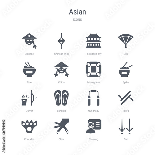 set of 16 vector icons such as sai, training, claw, knuckles, tonfa, nunchaku, sandals, quiver from asian concept. can be used for web, logo, ui\u002fux photo