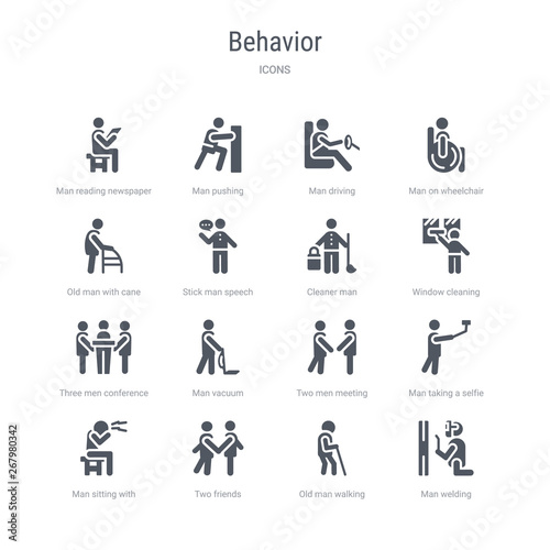 set of 16 vector icons such as man welding, old man walking, two friends, man sitting with headache, taking a selfie, two men meeting, vacuum, three men conference from behavior concept. can be used