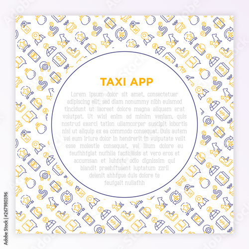 Taxi app concept with thin line icons: payment method, promocode, app settings, info, support service, phone number, location, pointer, route, airport transfer, baby seat. Vector illustration.