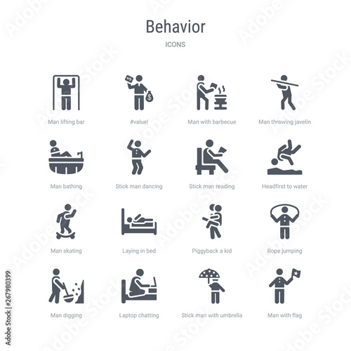 set of 16 vector icons such as man with flag, stick man with umbrella, laptop chatting on bed, man digging, rope jumping, piggyback a kid, laying in bed, skating from behavior concept. can be used