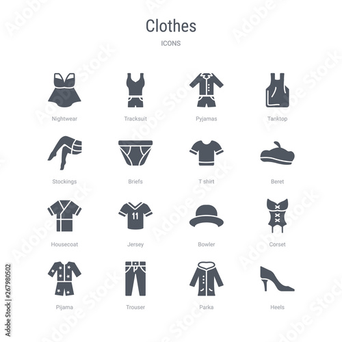 set of 16 vector icons such as heels, parka, trouser, pijama, corset, bowler, jersey, housecoat from clothes concept. can be used for web, logo, ui\u002fux