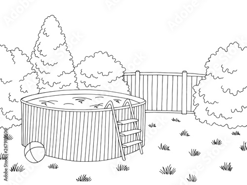 Backyard swimming pool graphic black white landscape sketch illustration vector
