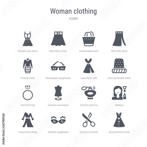 set of 16 vector icons such as sexy feminine dress in black, scissors inverted view, childish eyeglasses, long sleeve flowy dress, makeup, circular perfume bottle, couture mannequin, diamond ring