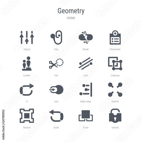 set of 16 vector icons such as unlock, front, undo, stretch, extend, right align, join, o from geometry concept. can be used for web, logo, ui\u002fux