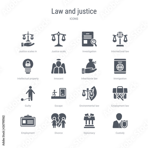 set of 16 vector icons such as custody, diplomacy, divorce, employment, employment law, environmental law, escape, guilty from law and justice concept. can be used for web, logo, ui\u002fux