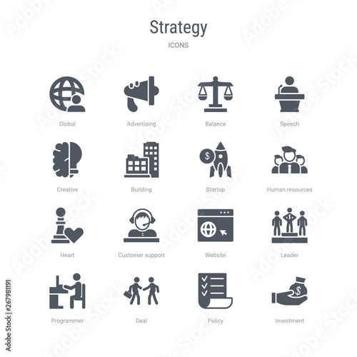 set of 16 vector icons such as investment, policy, deal, programmer, leader, website, customer support, heart from strategy concept. can be used for web, logo, ui\u002fux