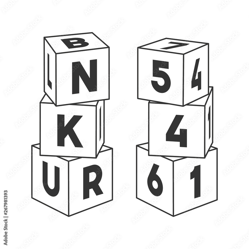 Outline block building towers with letters and numbers for coloring book. Bricks vector