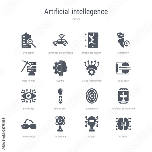 set of 16 vector icons such as ai brain, ai grid, ar camera, ar monocle, artificial atmosphere, biometrics, bionic arm, bionic eye from artificial intellegence concept. can be used for web, logo,