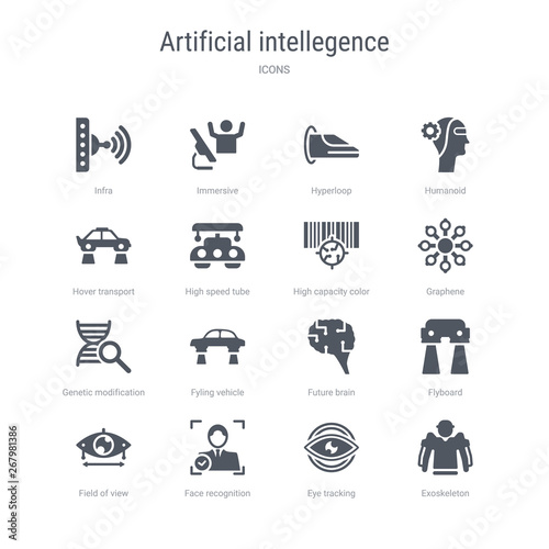 set of 16 vector icons such as exoskeleton, eye tracking, face recognition, field of view, flyboard, future brain, fyling vehicle, genetic modification from artificial intellegence concept. can be