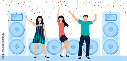Party festive poster with people, loudspeakers and confetti. Flat style design.