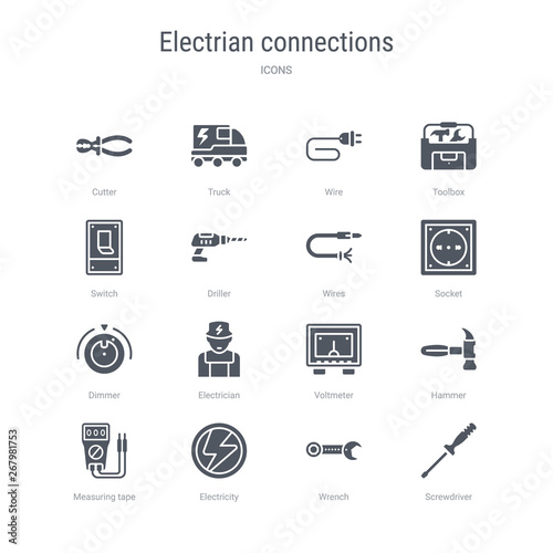 set of 16 vector icons such as screwdriver, wrench, electricity, measuring tape, hammer, voltmeter, electrician, dimmer from electrian connections concept. can be used for web, logo, ui\u002fux