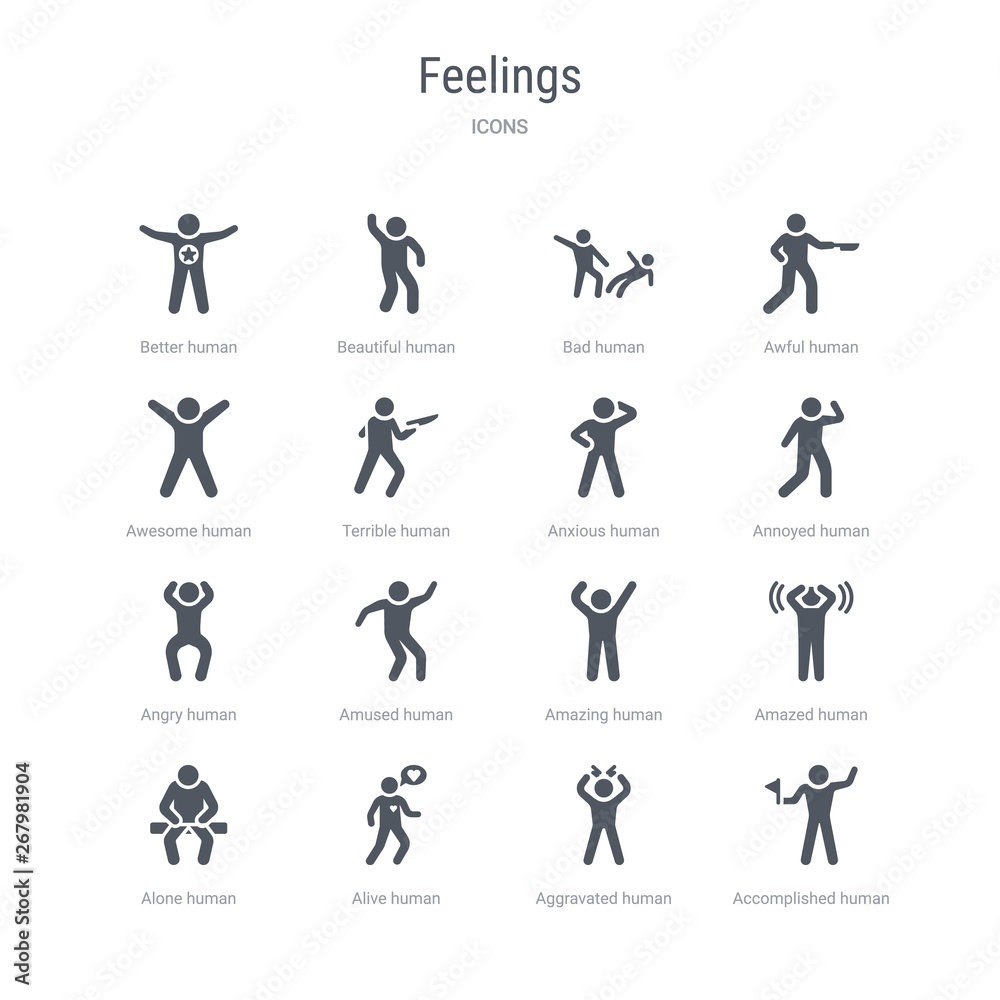 set of 16 vector icons such as accomplished human, aggravated human, alive human, alone amazed amazing amused angry from feelings concept. can be used for web, logo, ui\u002fux