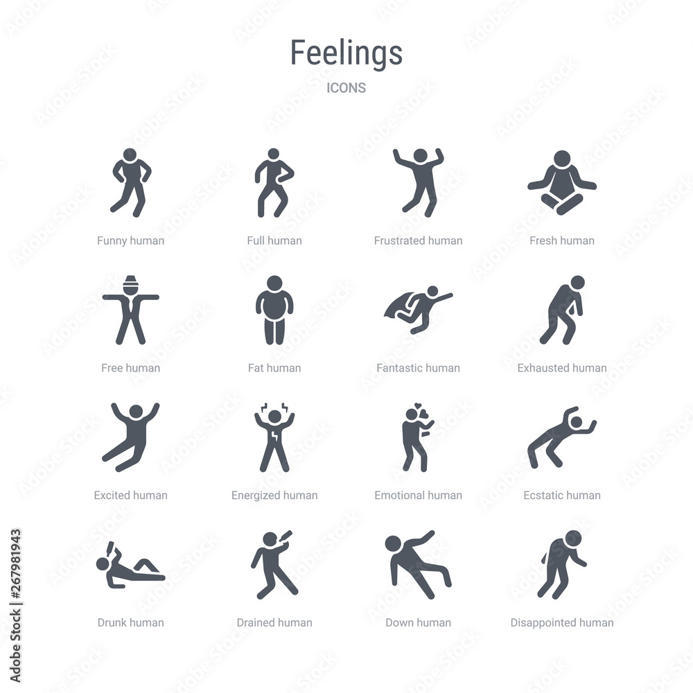 set of 16 vector icons such as disappointed human, down human, drained human, drunk ecstatic emotional energized excited from feelings concept. can be used for web, logo, ui\u002fux