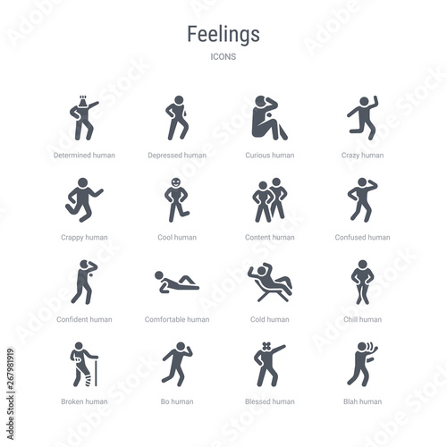 set of 16 vector icons such as blah human, blessed human, bo human, broken chill cold comfortable confident from feelings concept. can be used for web, logo, ui\u002fux
