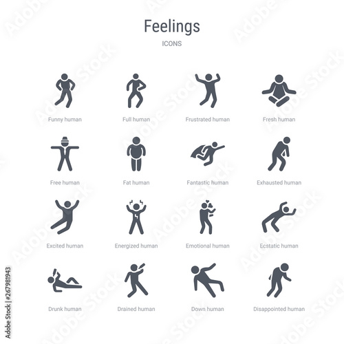 set of 16 vector icons such as disappointed human  down human  drained human  drunk ecstatic emotional energized excited from feelings concept. can be used for web  logo  ui u002fux