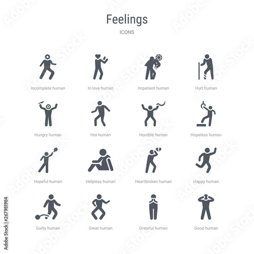 set of 16 vector icons such as good human, grateful human, great human, guilty happy heartbroken helpless hopeful from feelings concept. can be used for web, logo, ui\u002fux