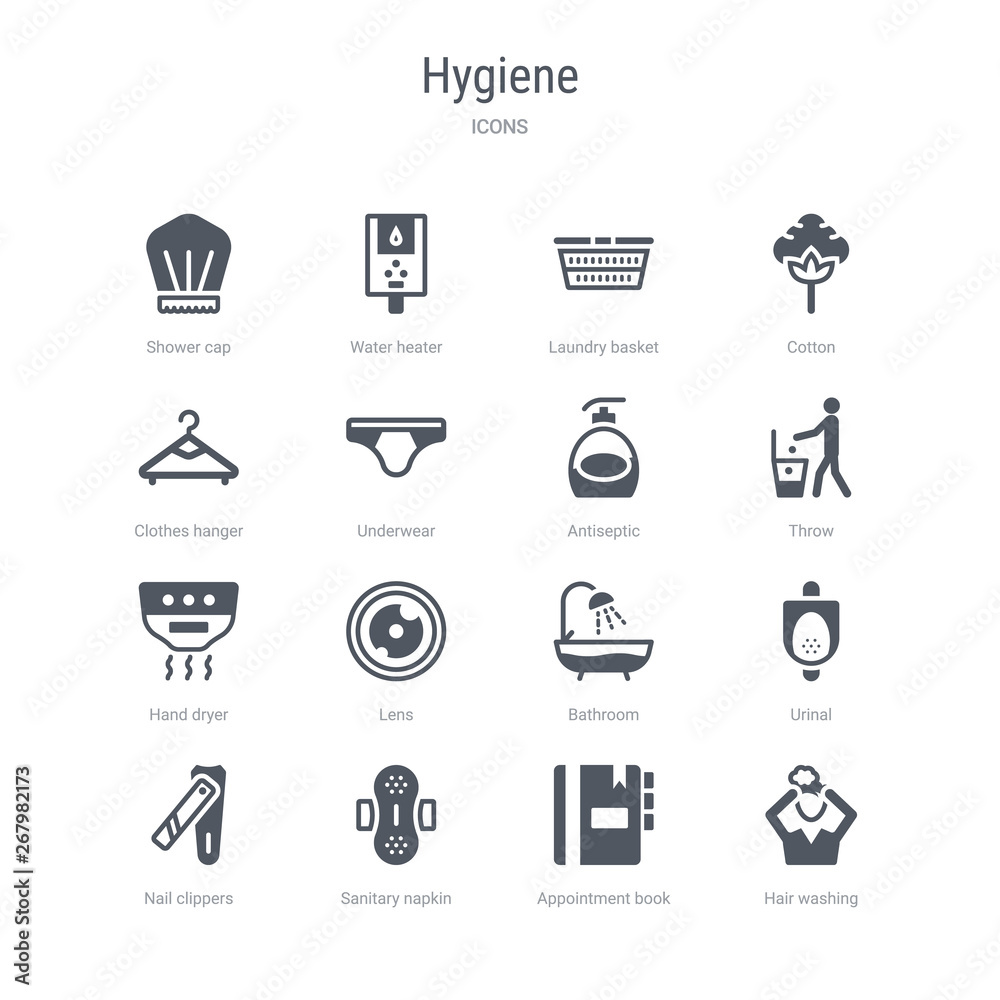 set of 16 vector icons such as hair washing, appointment book, sanitary napkin, nail clippers, urinal, bathroom, lens, hand dryer from hygiene concept. can be used for web, logo, ui\u002fux