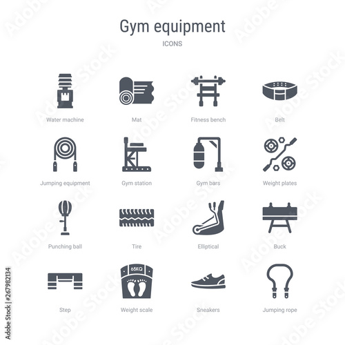 set of 16 vector icons such as jumping rope, sneakers, weight scale, step, buck, elliptical, tire, punching ball from gym equipment concept. can be used for web, logo, ui\u002fux