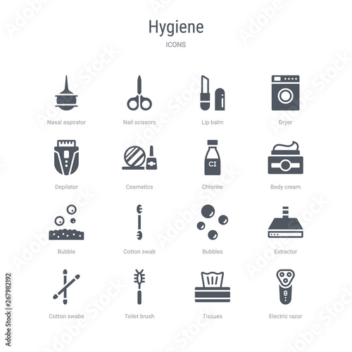 set of 16 vector icons such as electric razor, tissues, toilet brush, cotton swabs, extractor, bubbles, cotton swab, bubble from hygiene concept. can be used for web, logo, ui\u002fux