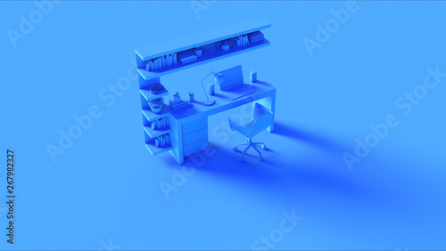 Blue Contemporary Cosy Home Office Setup with Bookshelf Plants Laptop Lamp an Speakers 3d illustration 3d rendering