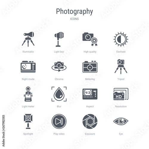 set of 16 vector icons such as eye, exposure, play video, spotlight, resolution, aspect, blur, light meter from photography concept. can be used for web, logo, ui\u002fux