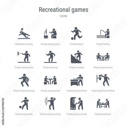 set of 16 vector icons such as people playing air hockey, people playing arcade game, people playing archery, ball, basketball, billiard, board games, bowling from recreational games concept. can be