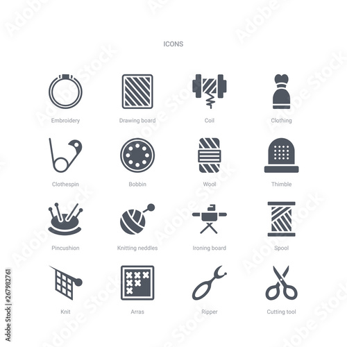 set of 16 vector icons such as cutting tool, ripper, arras, knit, spool, ironing board, knitting neddles, pincushion from sew concept. can be used for web, logo, ui\u002fux