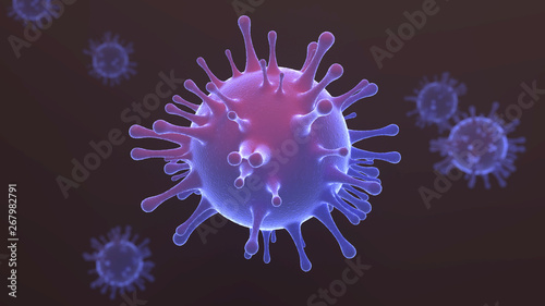 Blue virus particle floating on dark background. 3d illustration