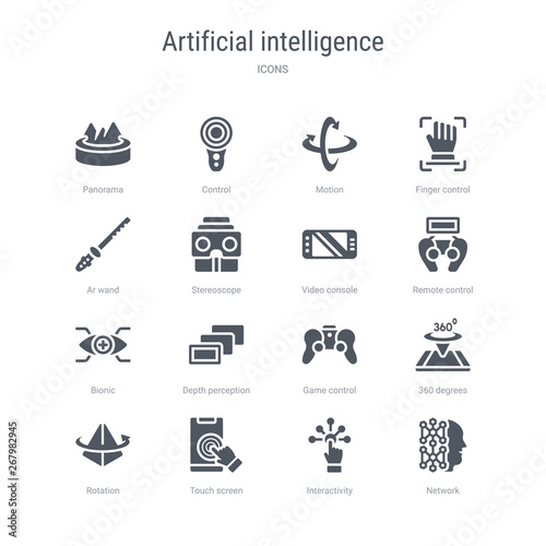 set of 16 vector icons such as network, interactivity, touch screen, rotation, 360 degrees, game control, depth perception, bionic from artificial intelligence concept. can be used for web, logo,