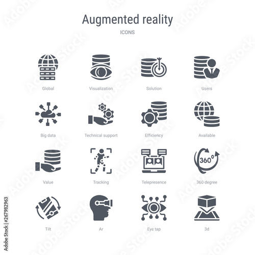 set of 16 vector icons such as 3d, eye tap, ar, tilt, 360 degree, telepresence, tracking, value from augmented reality concept. can be used for web, logo, ui\u002fux