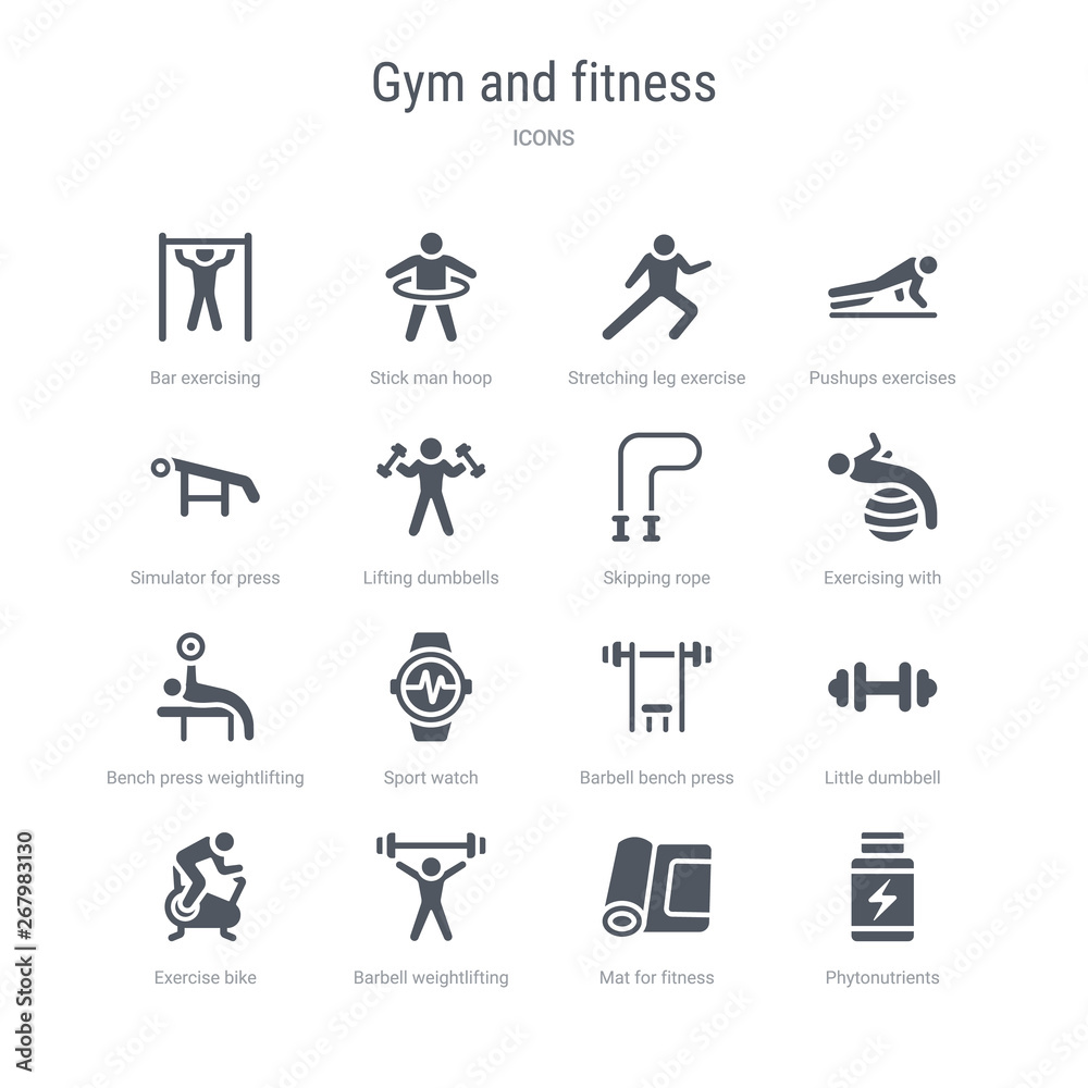 Fototapeta premium set of 16 vector icons such as phytonutrients, mat for fitness, barbell weightlifting, exercise bike, little dumbbell, barbell bench press, sport watch, bench press weightlifting from gym and