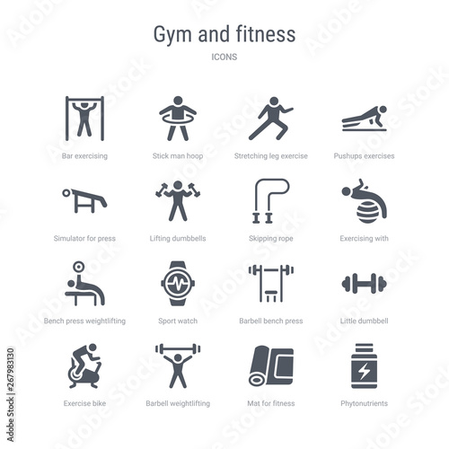 set of 16 vector icons such as phytonutrients, mat for fitness, barbell weightlifting, exercise bike, little dumbbell, barbell bench press, sport watch, bench press weightlifting from gym and