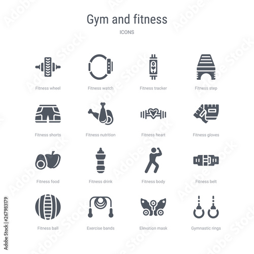 set of 16 vector icons such as gymnastic rings, elevation mask, exercise bands, fitness ball, fitness belt, fitness body, drink, food from gym and concept. can be used for web, logo, ui\u002fux