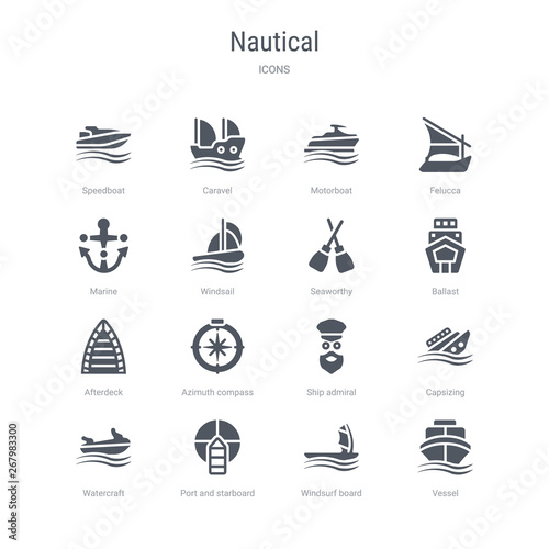 set of 16 vector icons such as vessel, windsurf board, port and starboard, watercraft, capsizing, ship admiral, azimuth compass, afterdeck from nautical concept. can be used for web, logo,