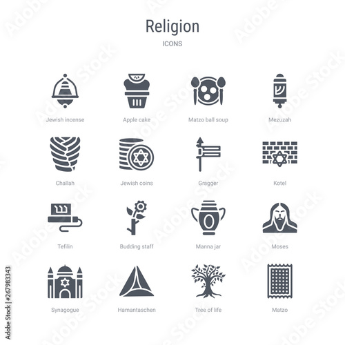 set of 16 vector icons such as matzo, tree of life, hamantaschen, synagogue, moses, manna jar, budding staff, tefilin from religion concept. can be used for web, logo, ui\u002fux