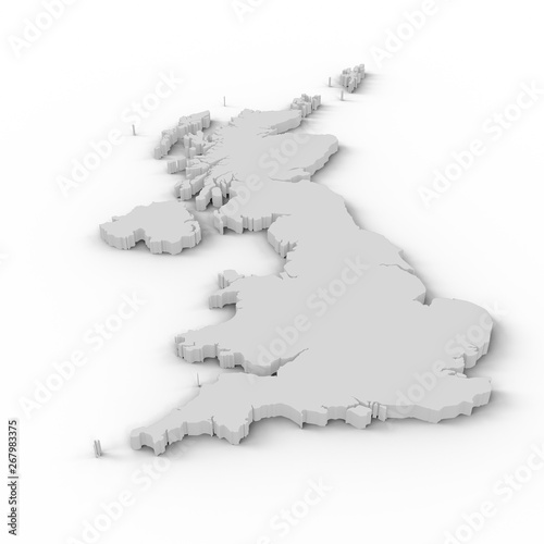 Top down angled view of map of united kingdom. 3d illustration
