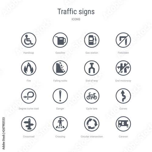 set of 16 vector icons such as caravan, circular intersection, crossing, crossroad, curves, cycle lane, danger, degree curve road from traffic signs concept. can be used for web, logo, ui\u002fux