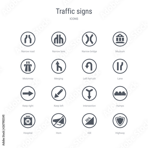 set of 16 vector icons such as highway, hill, horn, hospital, humps, intersection, keep left, keep right from traffic signs concept. can be used for web, logo, ui\u002fux