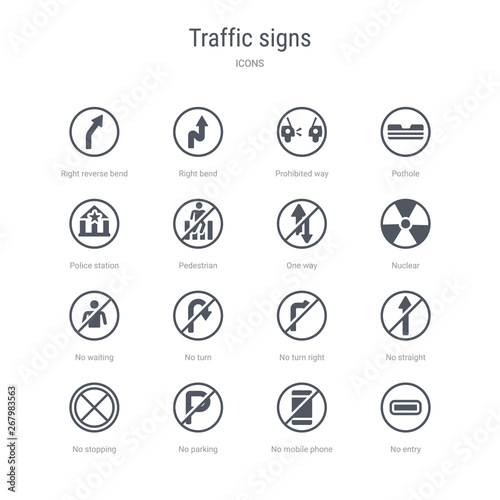 set of 16 vector icons such as no entry, no mobile phone, no parking, stopping, straight, turn right, turn, waiting from traffic signs concept. can be used for web, logo, ui\u002fux