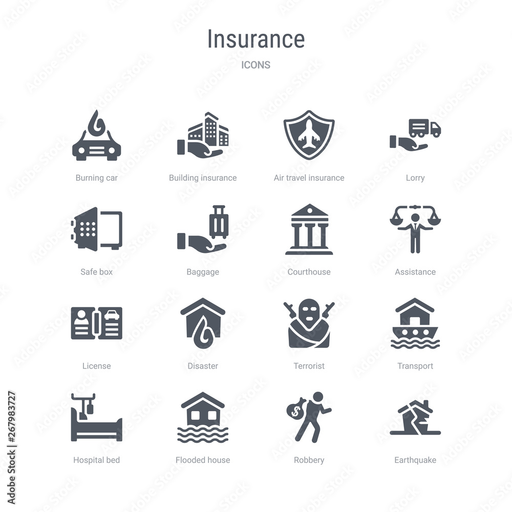set of 16 vector icons such as earthquake, robbery, flooded house, hospital bed, transport, terrorist, disaster, license from insurance concept. can be used for web, logo, ui\u002fux