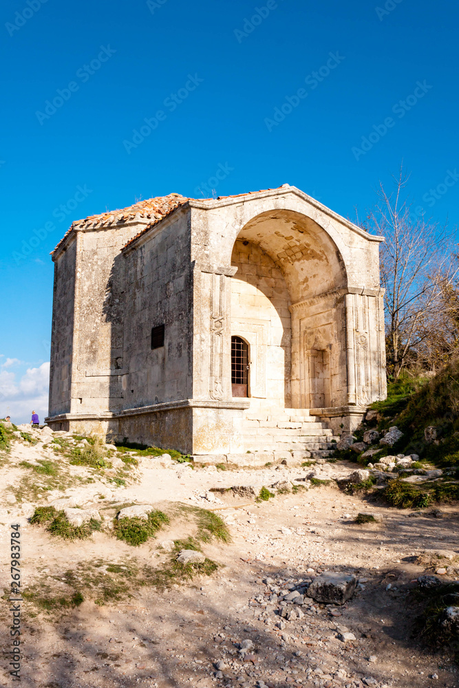 Old stone mountain Karaite kenasy Medieval cave city-fortress Chufut-Kale, Bakhchisaray, Crimea